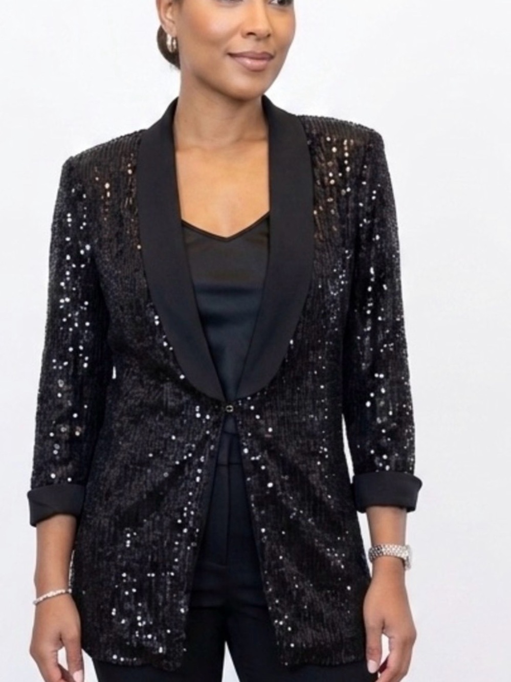 R&M Richards Black Sequin Shawl Collar Blazer